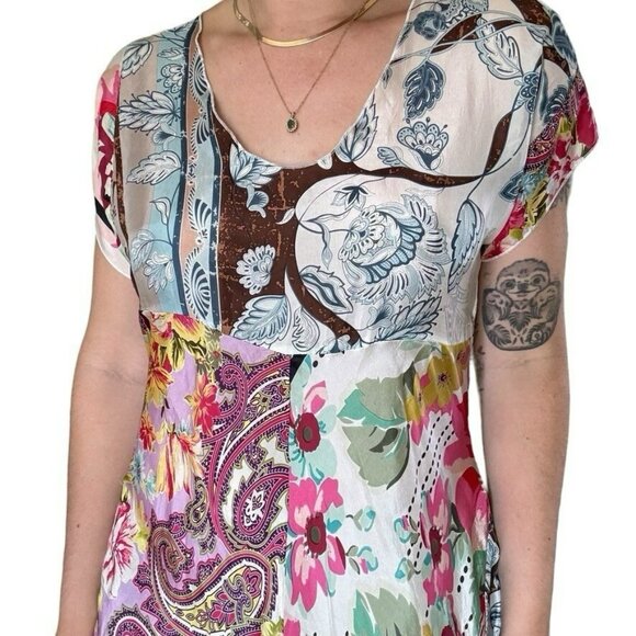 Johnny Was 100% Silk Floral Patch Lagenlook Hippie Boho Maxi Dress Size Large - Picture 3 of 16